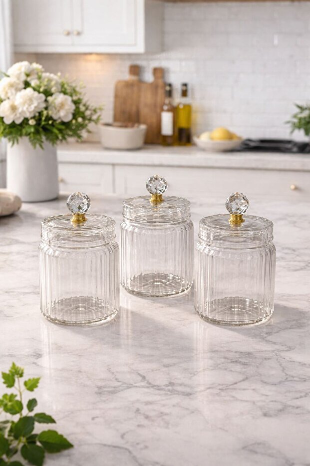 Set of 3 Borosilicate Glass Optical Striped Crystal Jars with Gold Lids 630 ml