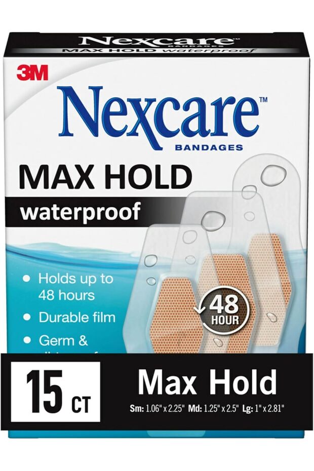 Max Hold Waterproof Bandages, Stays On for 48 Hours, Flexible Bandages for Fingers, Knees an