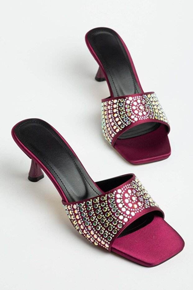 Women's Heeled Slippers Burgundy Stoned Satin Thin Heels