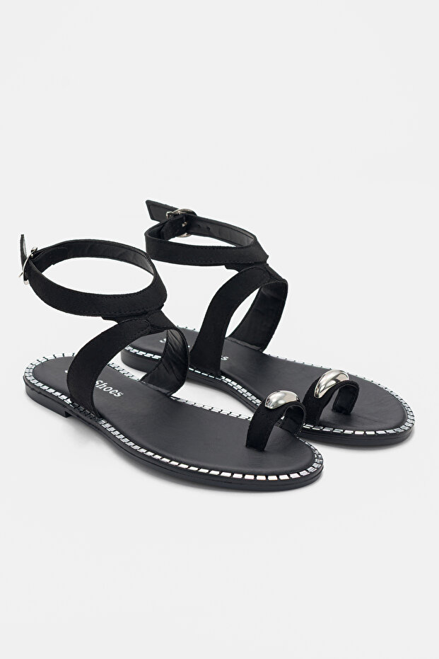 Nevix Women's Flip-Flop Slippers with Ankle Buckle - Black Suede