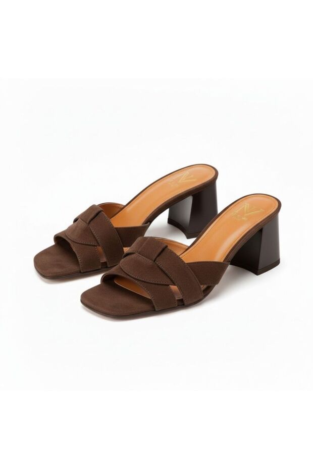 Brown Suede Cross-Strapped Women's Heeled Slippers