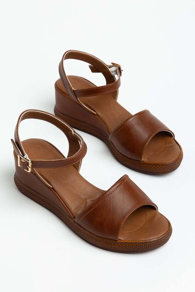 Women's Wedge Heel Sandals Shoes Tan Thick Single Strap with Helmet Style