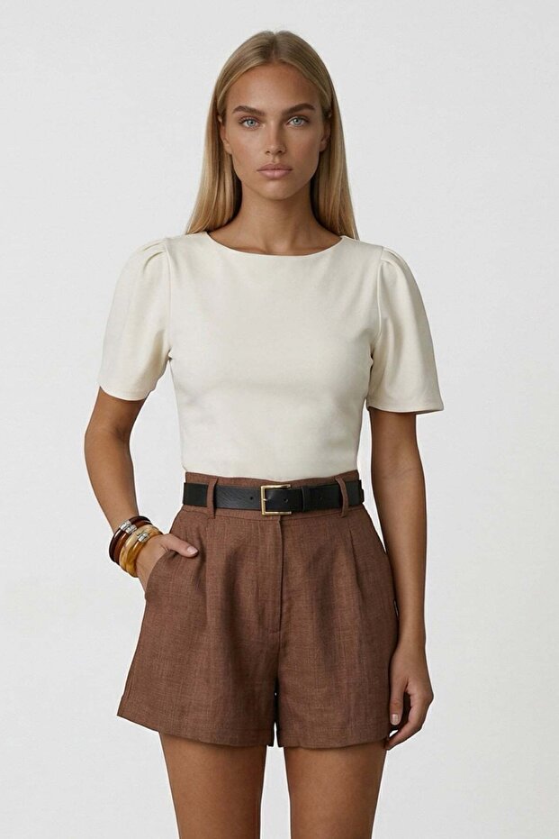 Ecru Boat Neck Shoulder Pleated Knitted Blouse Alc-X15452