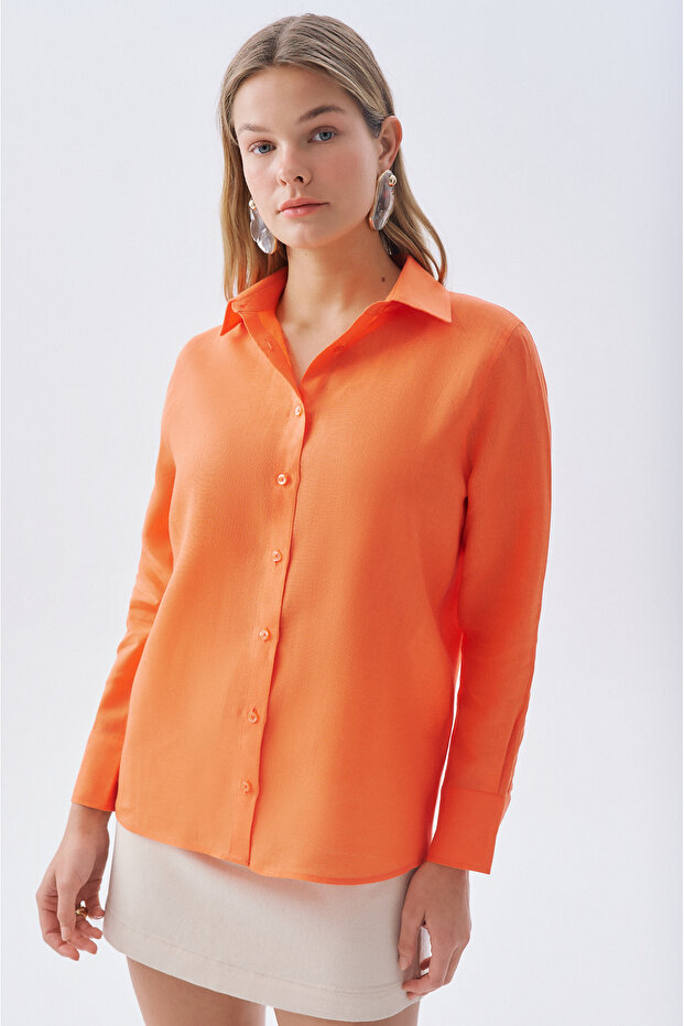 Women's Orange Long Sleeve Linen Shirt