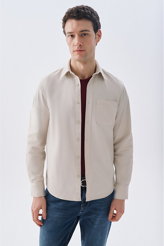 Men's Stone Color Regular Fit Single Pocket Long Sleeve Shirt