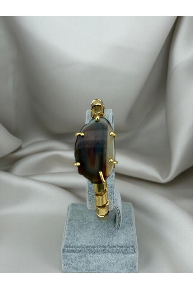 Gold Color Large Natural Stone Detailed Handmade Handcuff Bracelet – Elegant and Luxurious Women's Accessory