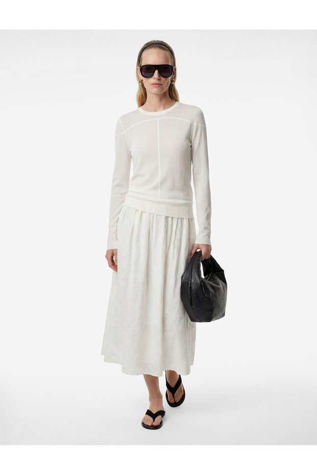 Cotton Pocketed Pleated Floral Textured Embroidered Midi Skirt with Embroidery Detail