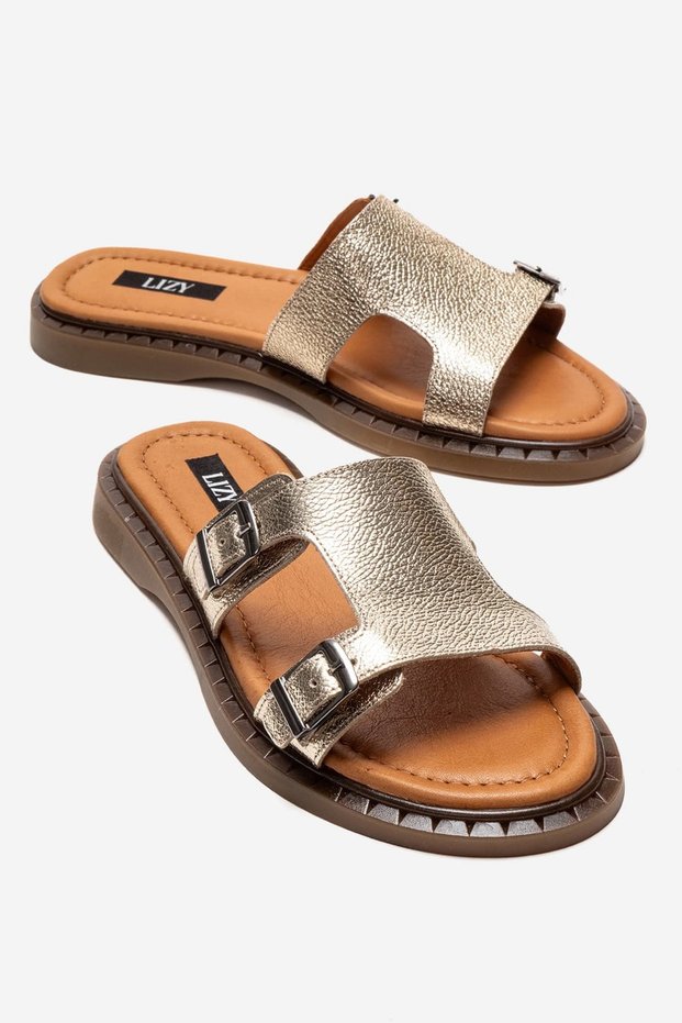 Women's Gold Leather Buckle Slippers Daily Comfortable Stylish Summer Double Strap Light Sole