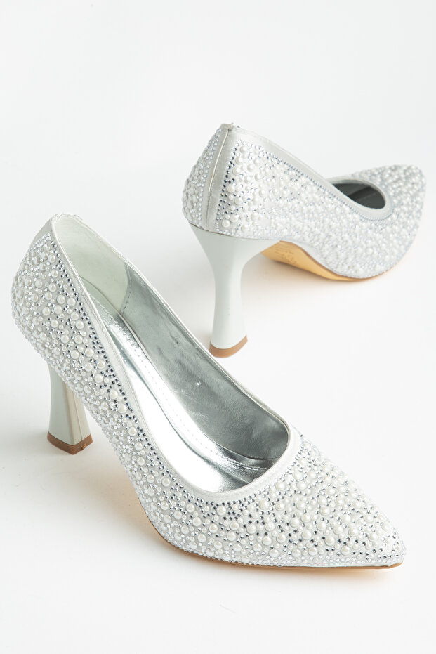 Women's Silver Closed-Back Pearl Motif High Heel Stiletto