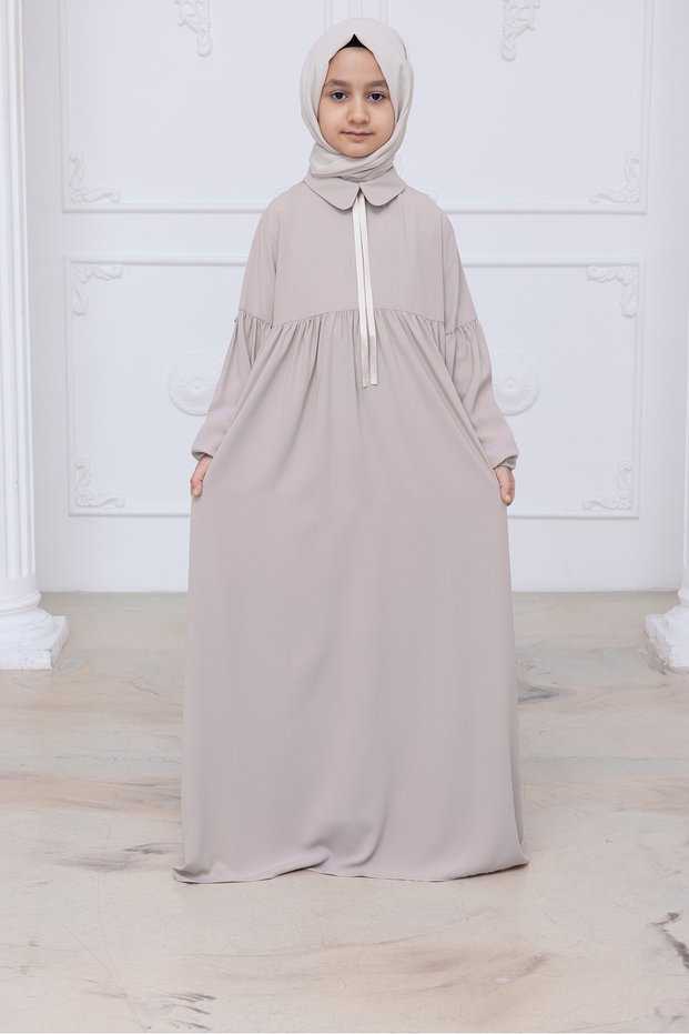 Girl's Cotton Full Length Hijab Dress with Baby Collar and Elastic Sleeves - Stone