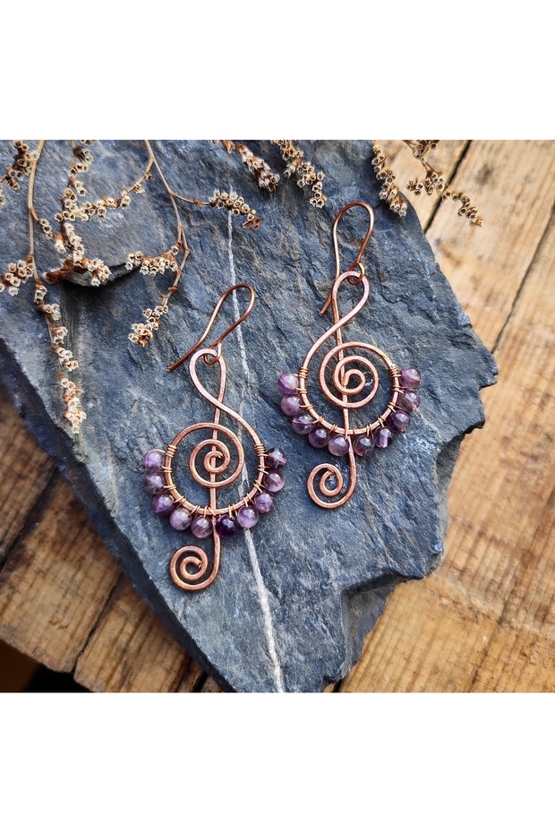 Handmade Copper Wire Wrapped Earrings with Amethyst Stone