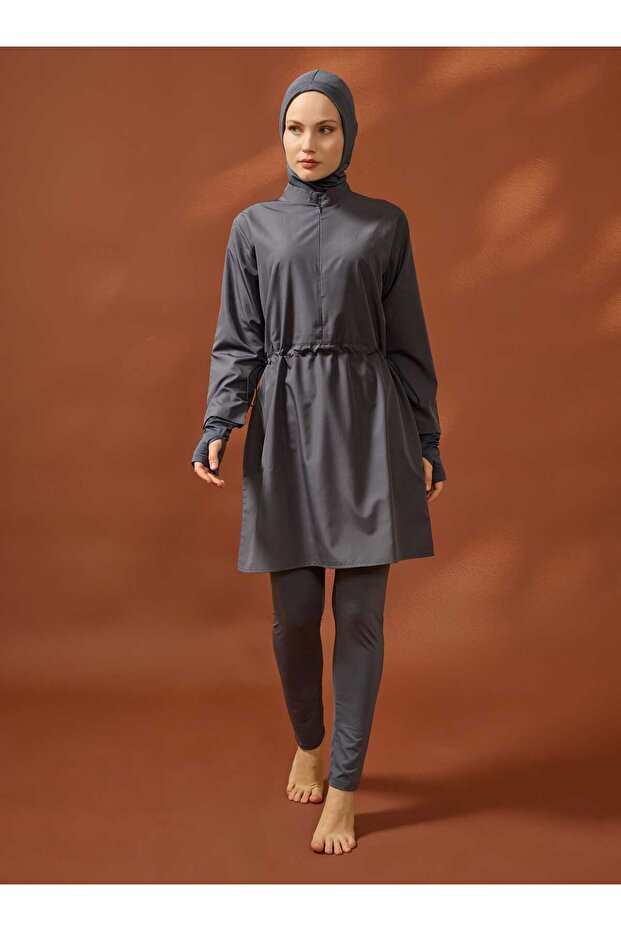 Beli Cord Detailed Halter Neck Full Covered Hijab Swimsuit - Anthracite -