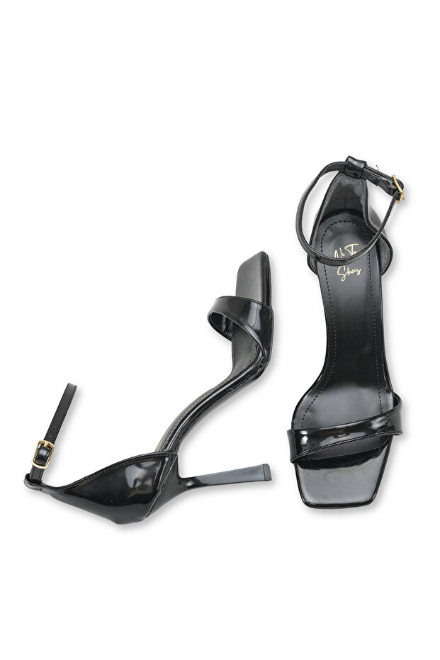 Light Black Patent Leather Closed Back High Heeled Ankle Strap Shoes