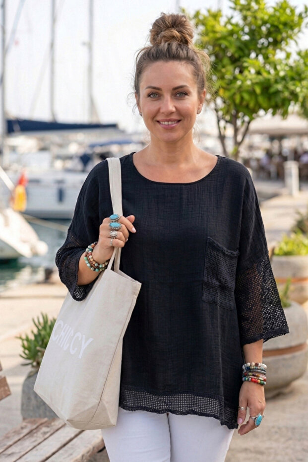 Black Crew Neck 3/4 Sleeve, Sleeve and Hem Mesh Detailed Casual Muslin Oversize Woven Blouse 60 65