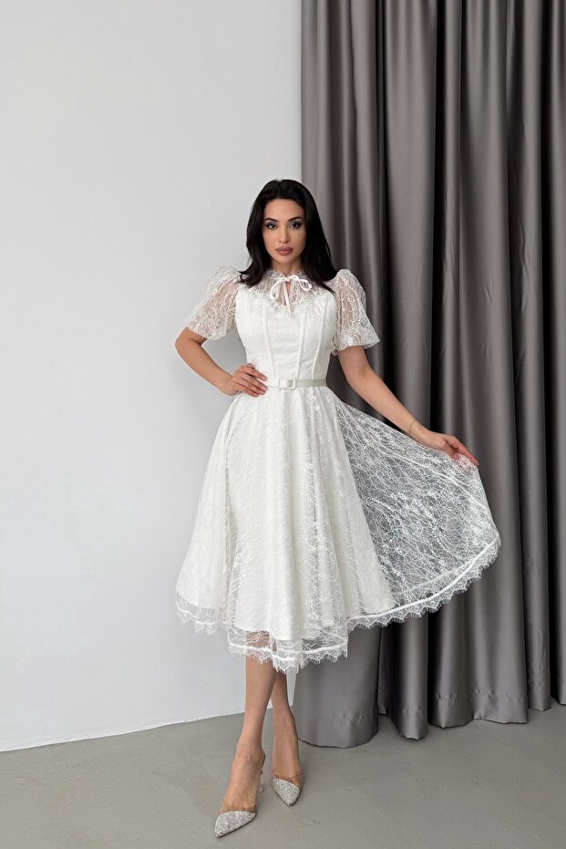 Ecru Lace Sequin Embroidered Short Sleeve Midi Evening Dress