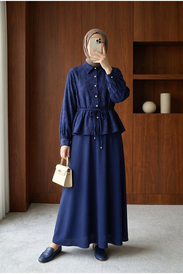 Stoned Buttoned Patterned Jacquard Skirt Top and Bottom Set - Navy Blue - Navy