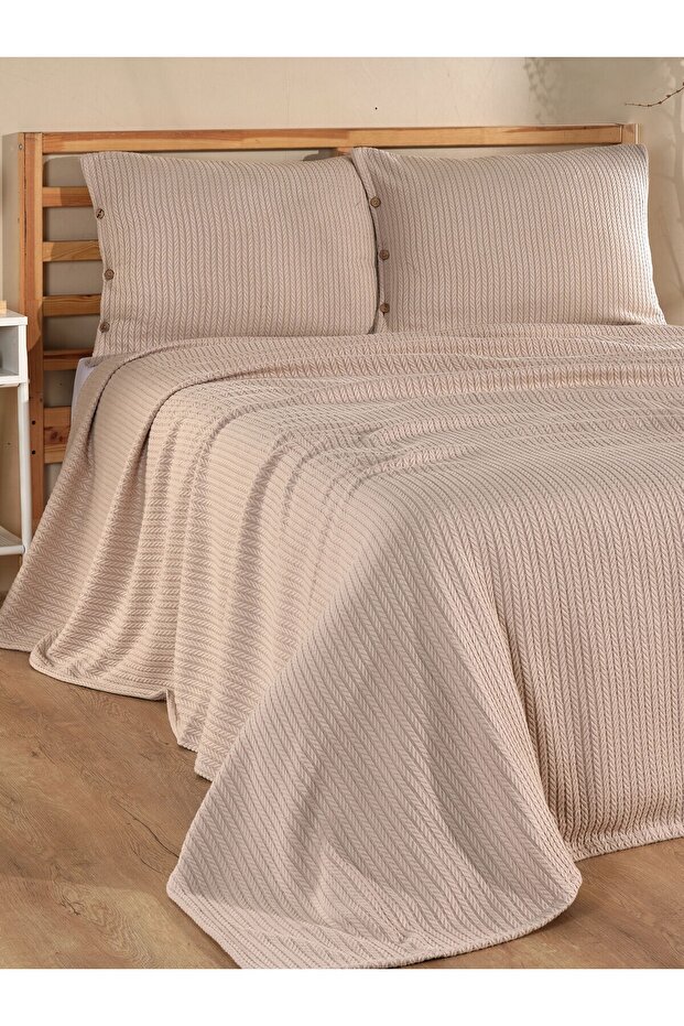 Double Beige Color Knitted Pattern Bedspread & Pique Set 220X240 cm – 2 Pillowcases, Modern Stylish Design