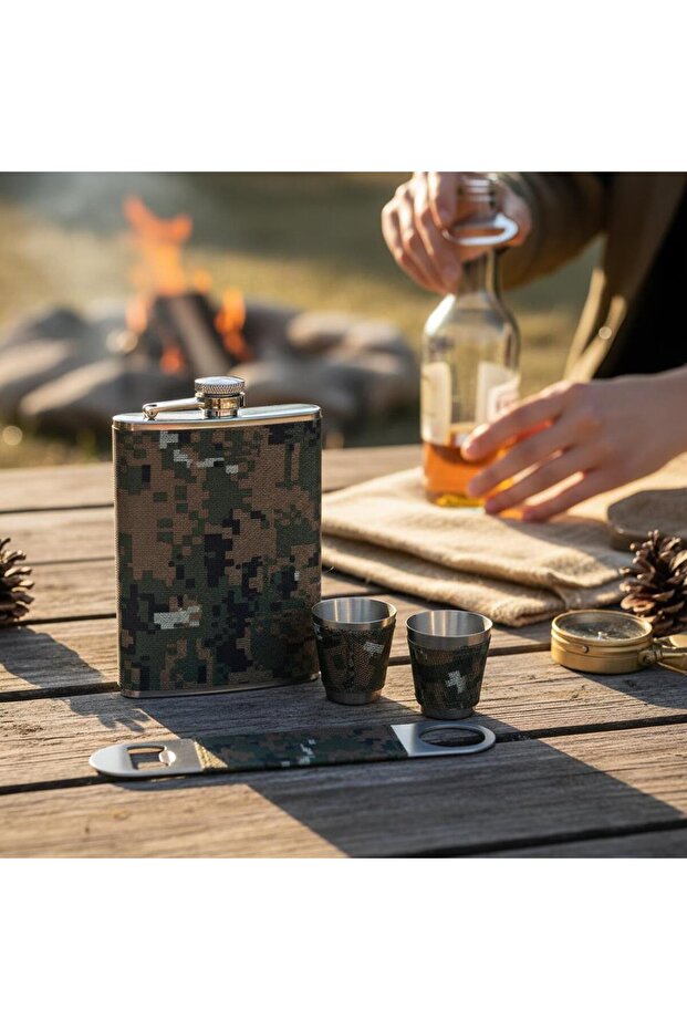 Camouflage Coated Stainless Steel Flask Cup & Opener Set 8 oz 240 ml Camping Pocket Flask