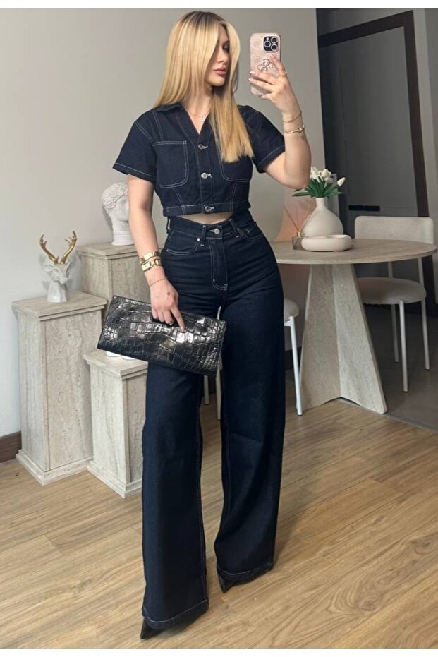 Design Premium Dark Navy Blue Denim Set – Cropped Shirt & High-Waisted Wide-Leg Pants