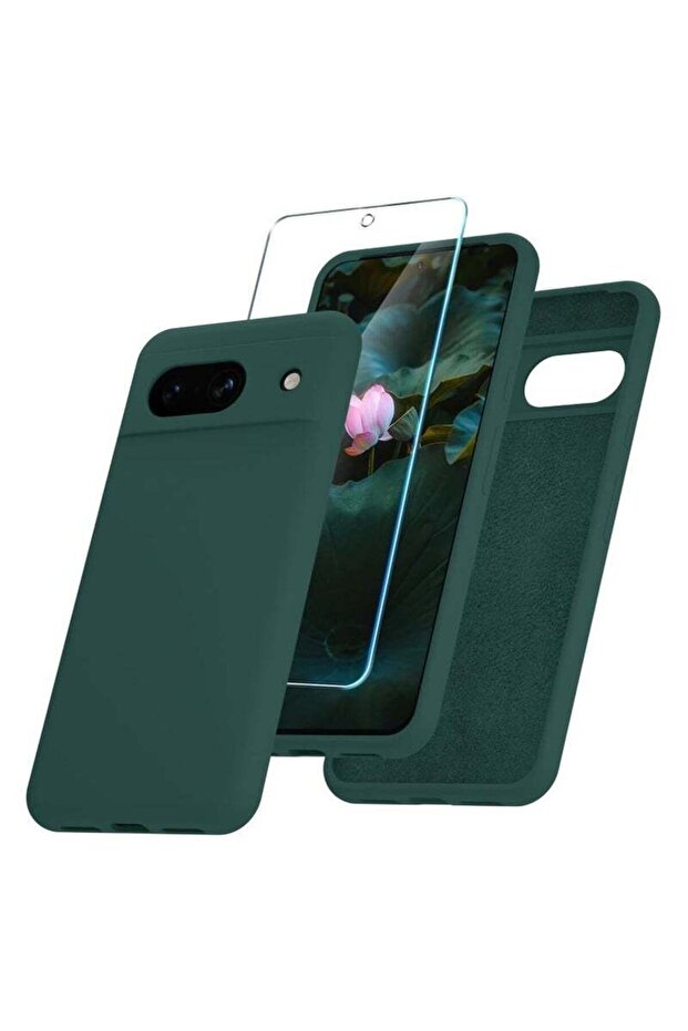 Google Pixel 8a Case – Deep Green Silicone Phone Case with 1 Screen Protector, Soft Anti-Scratch Mic