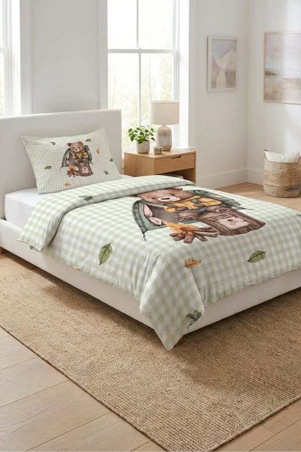 Teddy Bear Plaid Nature Themed Children's Pique Set - Tent Adventure Nordic Mint Brown Decorative Bedspread