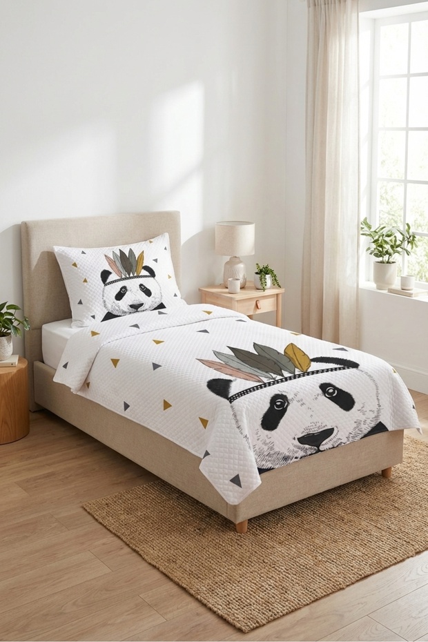 Boho Safari Panda Themed Children's Single Pique Set - Ecru Mustard Decorative Quilted Coverlet