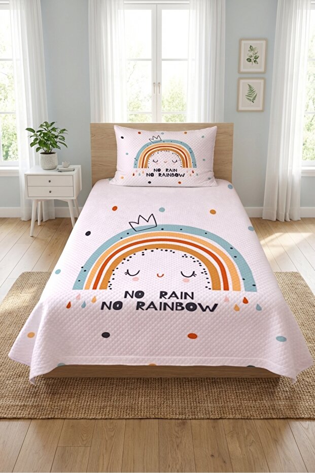 Rainbow Princess Polka Dot Single Pique Set - Fairytale Bohemian Mint Mustard Quilted Bedspread