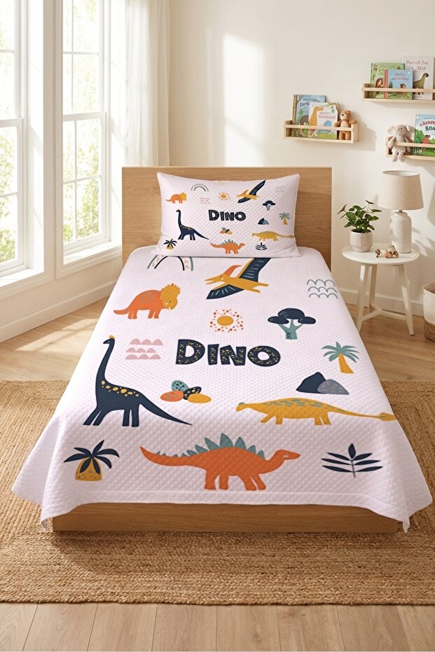 Dinosaur Themed Fun Teen Pique Set-Jurassic Adventure Modern White Mustard Decorative Bedspread