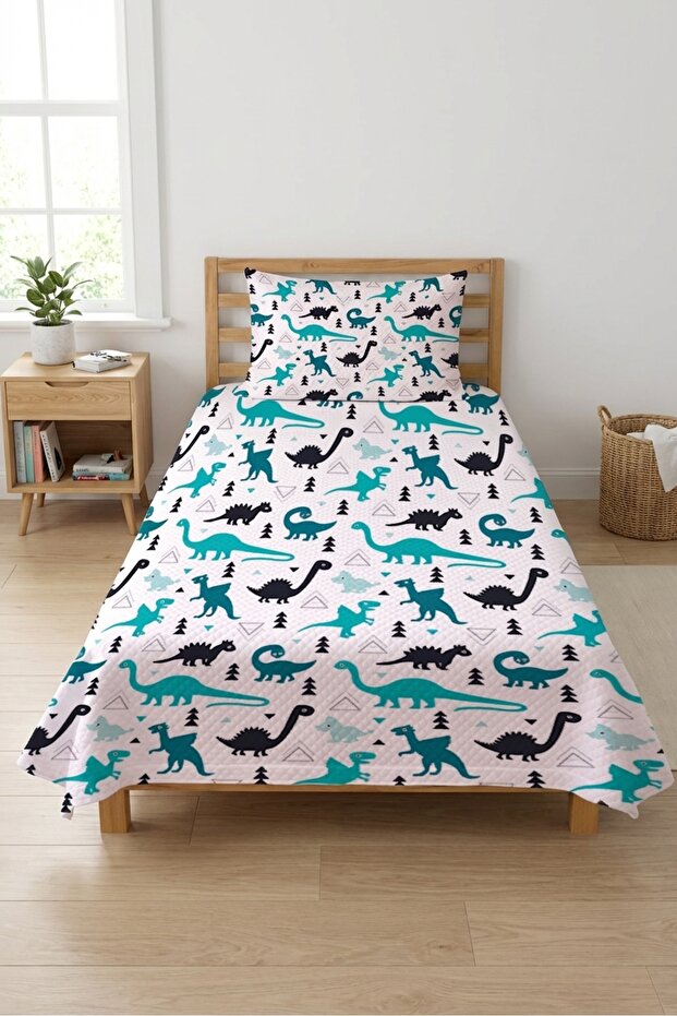 Cute Dinosaur Pattern Children's Pique Set - Adventure Themed Nordic Mint Black Decorative Bedspread