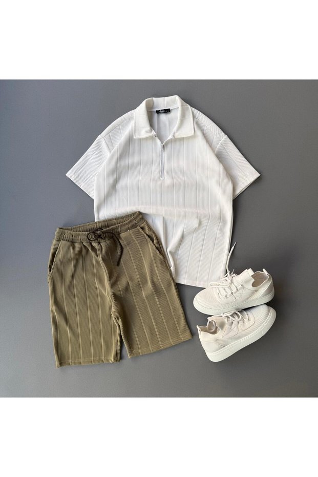 Raporlu Ottoman Fabric White T-Shirt + Green Shorts 2-Piece Top and Bottom Set