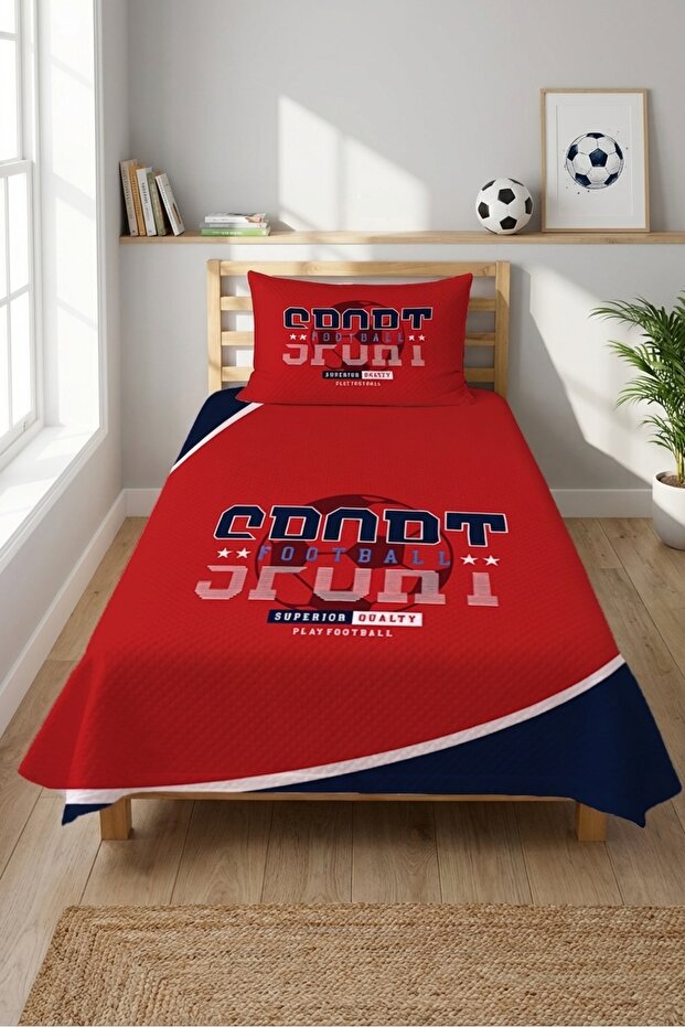 Football-Themed Dynamic Youthful Pike Team-Sportsy Modern Red Navy Blue Decorative Bedspread