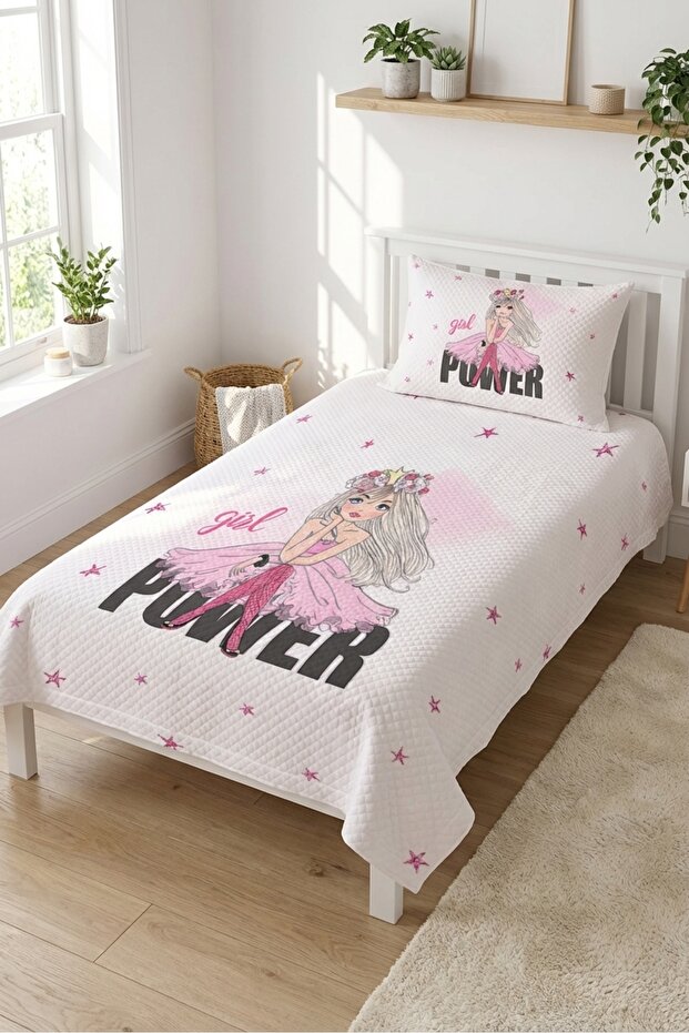 Ballerina Starry Pink Children's Pique Set-Princess Themed Modern White Fuchsia Decorative Bedspread
