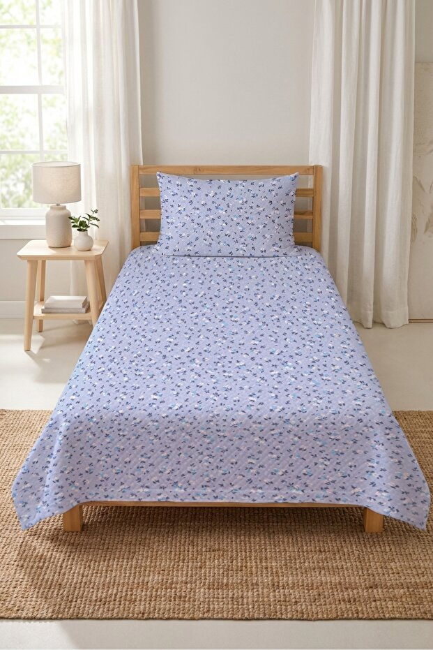 Floral Blue Minimal Youth Pique Set-Romantic Modern Theme Lilac Turquoise Quilted Bedspread