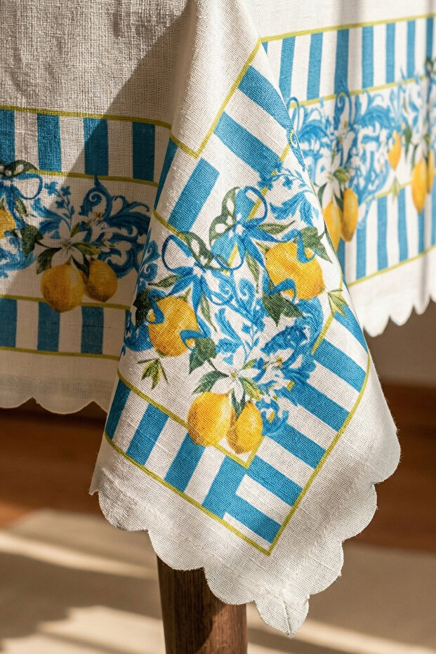 Lemon and Blue Striped Rectangular Tablecloth (150X220 cm) - 2