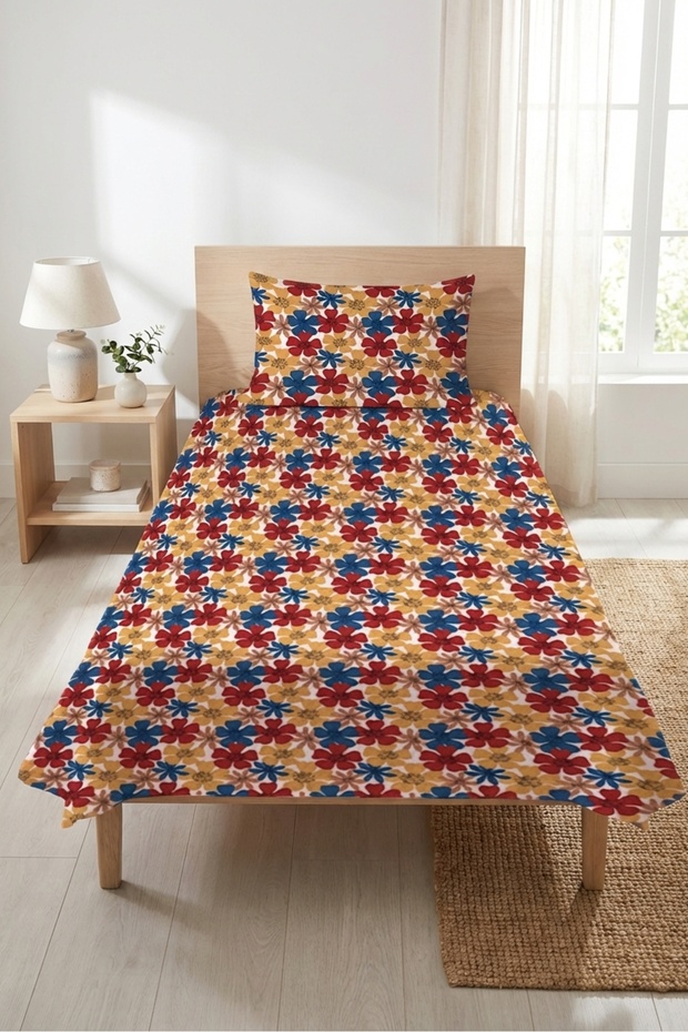 Floral Patterned Colorful Youth Pique Set-Retro Floral Bohemian Tile Mustard Blue Quilted Bedspread