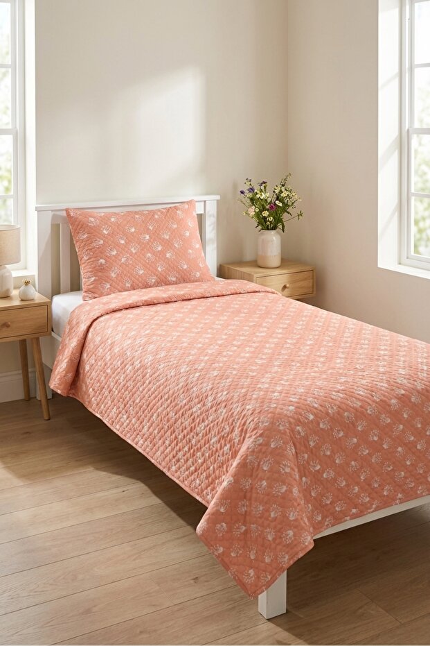 Floral Powder Salmon Young Pike Set-Romantic Floral Modern Peach Ecru Decorative Bedspread