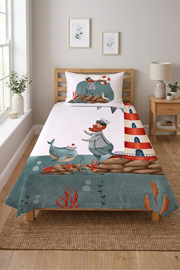 Lighthouse Submarine Children's Pique Set Single - Marine Ocean Turquoise Tile Bedspread