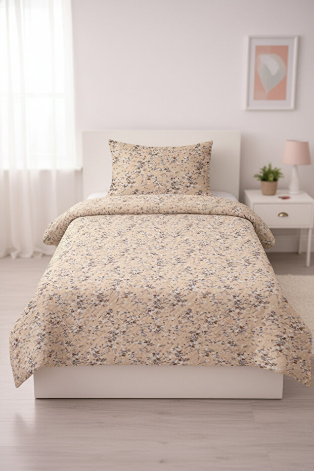 Floral Patterned Beige Children's Pique Set-Nostalgic Garden Country Lilac Mink Quilted Bedspread