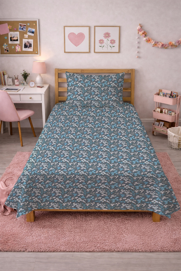 Floral Small Motif Youthful Pique Set - Elegant Botanical Modern Anthracite Blue Quilted Bedspread