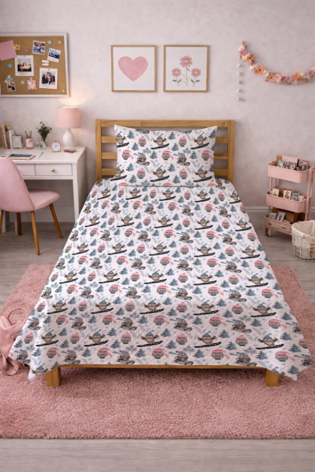 Cute Owl Forest Single Pique Set - Fairy Tale Snow Themed Powder Blue Decorative Bedspread