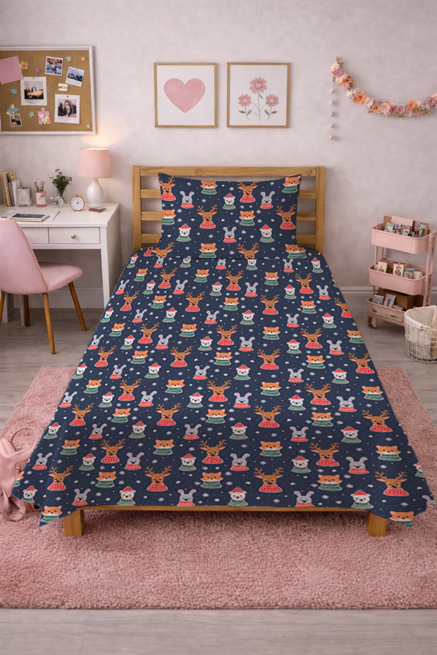 New Year's Animal Figure Navy Blue Youth Pike Set-Winter Tale Modern Orange Gray Decorative Bedspread