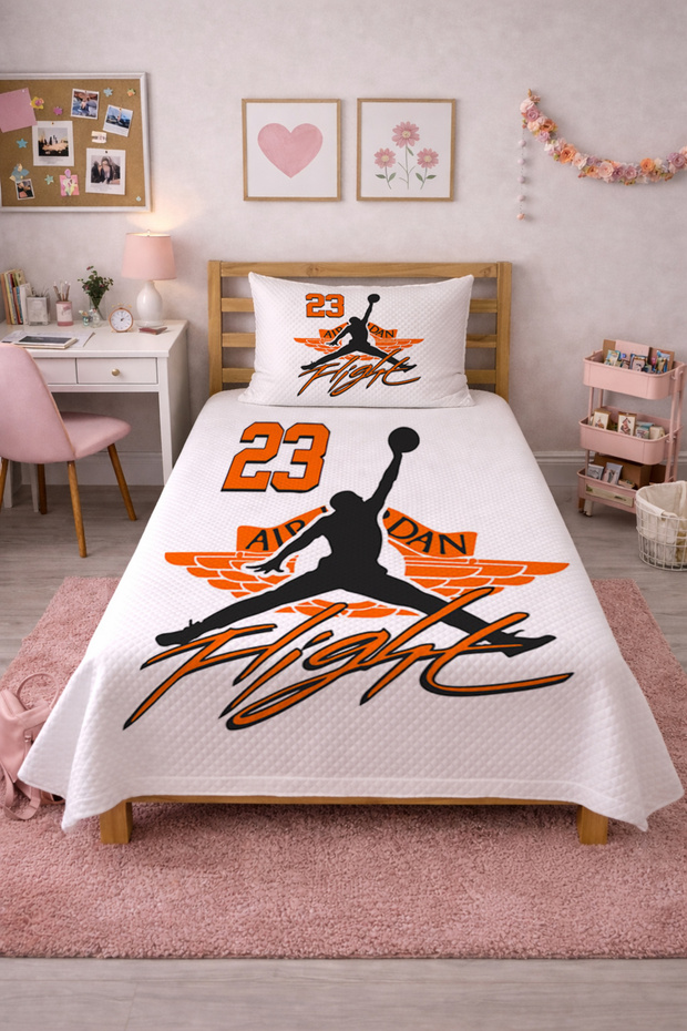 Basketball Player with Wings Orange Black Single Pique Set-Street Style Modern Decorative Bedspread