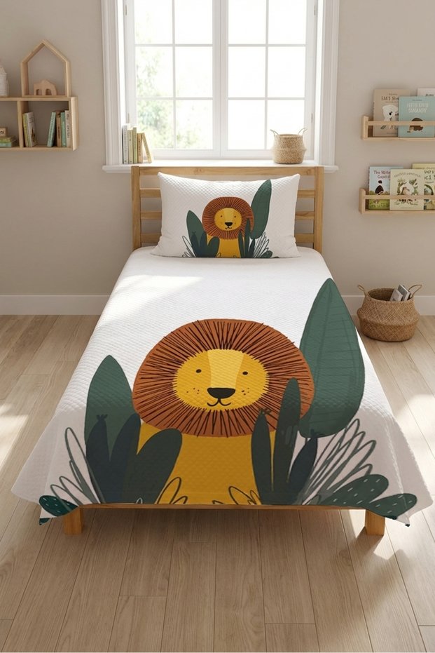 Ballerina Bee and Star Patterned Youth Pique Set for Single Person - Fairy Tale Powder Yellow Quilted Coverlet