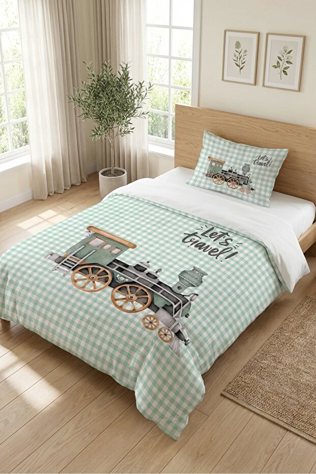 Plaid Trend Themed Children's Single Pique Set-Nostalgic Travel Nordic Mint Beige Bedspread