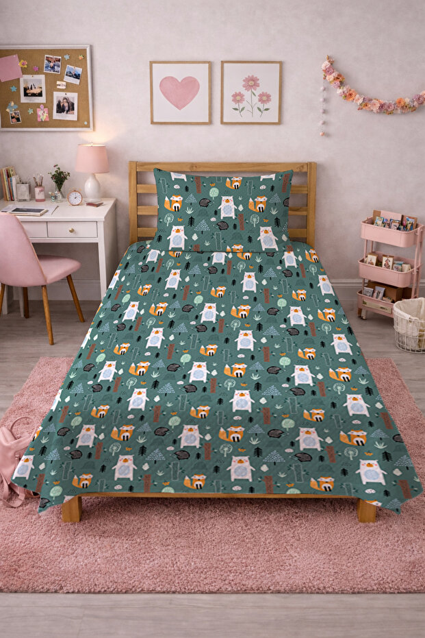 Fox Teddy Bear Forest Patterned Baby Pique Set - Fairytale Nature Nordic Green Decorative Bedspread