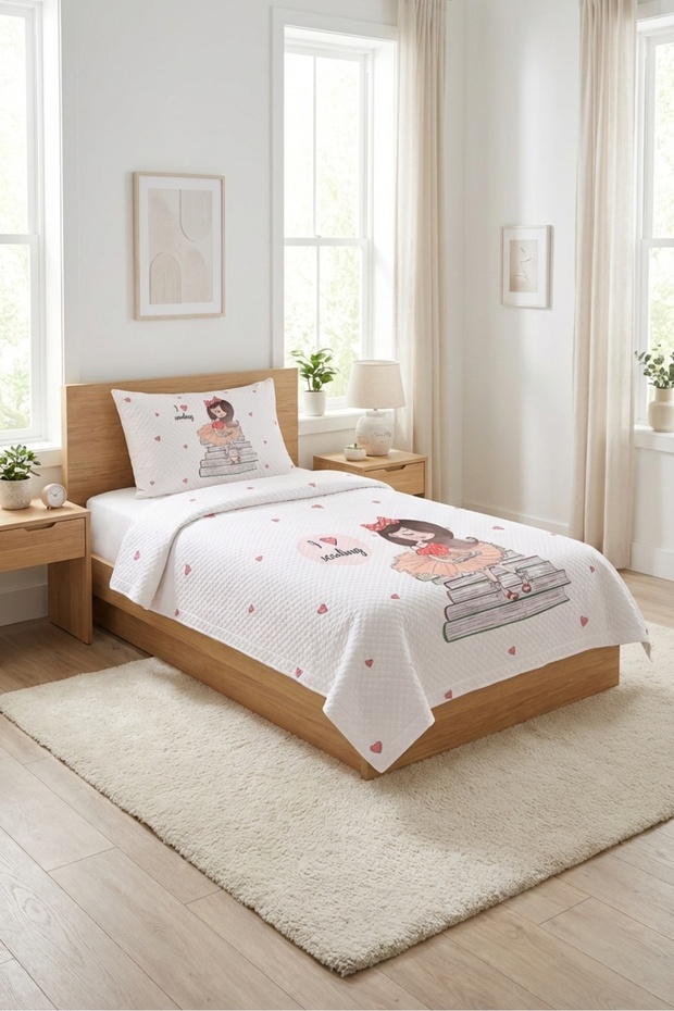 Heart and Book Reader Girl Patterned Children's Pique Set - Fairy Tale Nordic Powder Quilted Bedspread