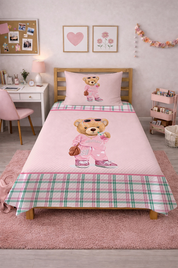 Cute Teddy Bear Plaid Teen Pique Set - Cute Fashionable Modern Powder Mint Quilted Bedspread