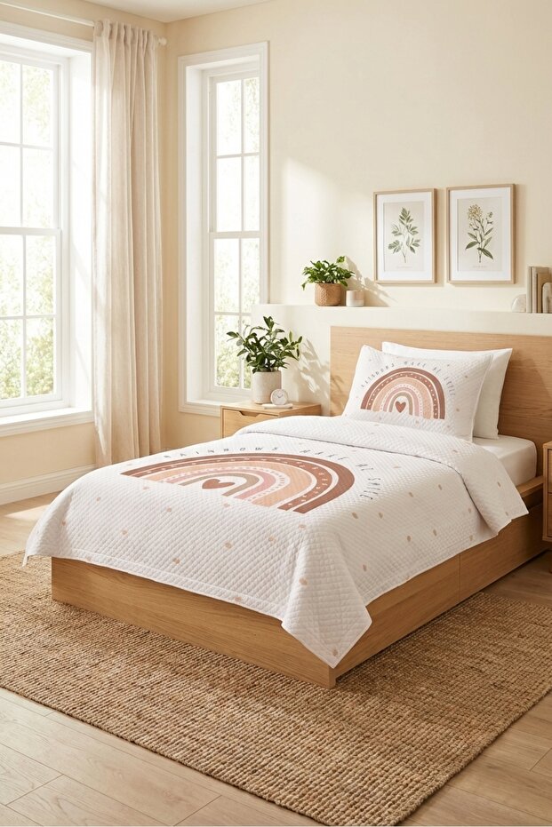 Rainbow Heart Patterned Baby Pique Set-Bohemian Neşe Nordic Powder Salmon Quilted Bedspread