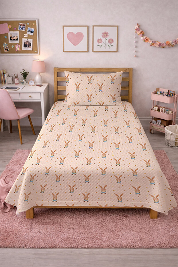 Rabbit Patterned Cute Children's Pique Set - Fairy Tale Themed Nordic Powder Ecru Quilted Bedspread