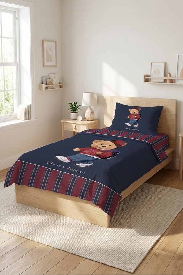 Teddy Bear Striped Navy Blue Claret Red Single Pique Set - Traveler Modern Young Room Anthracite Bedspread